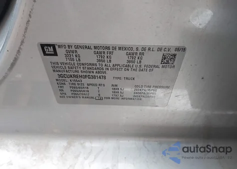 2015 Chevrolet Silverado 1500 2Lt from USA, damaged, VIN 3GCUKREH0FG381478